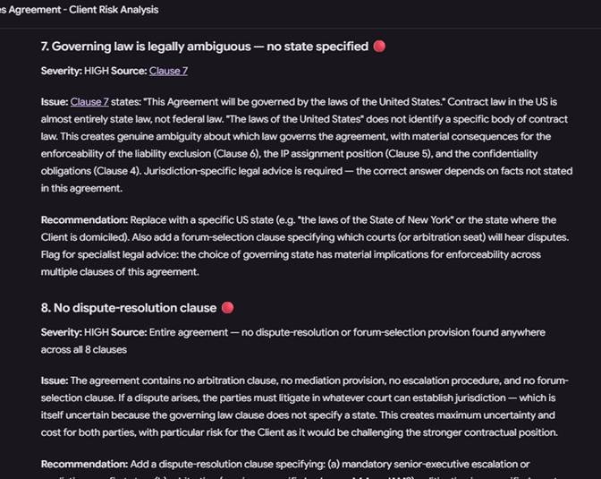 Genie AI flagging an ambiguous governing-law clause that does not specify a U.S. state.