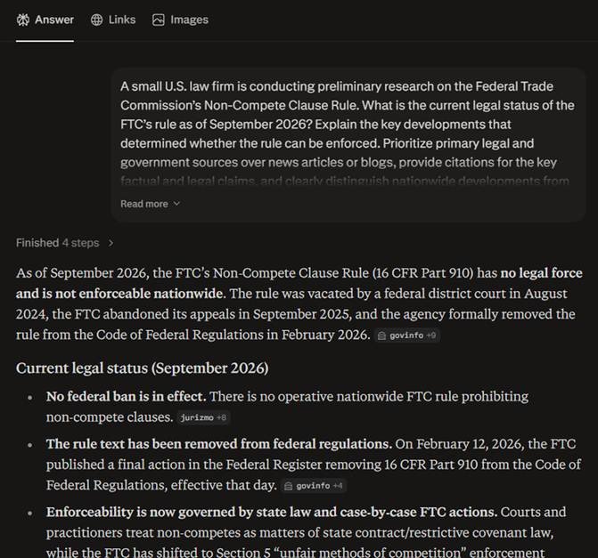 Perplexity explaining the September 2026 status of the FTC Non-Compete Clause Rule with cited sources.
