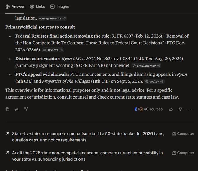 Perplexity listing primary and official sources for verifying the FTC Non-Compete Clause Rule status.