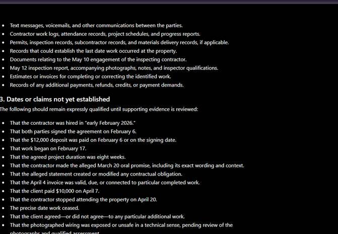 ChatGPT identifying dates and claims that should not yet be treated as established facts in a fictional contractor dispute.