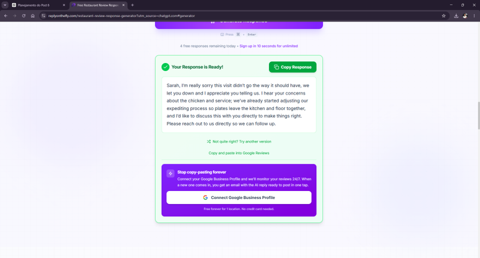 ReplyOnTheFly restaurant review response inventing an unverified operational change