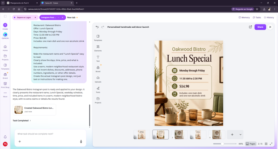 Canva AI Instagram post for Oakwood Bistro weekday lunch special