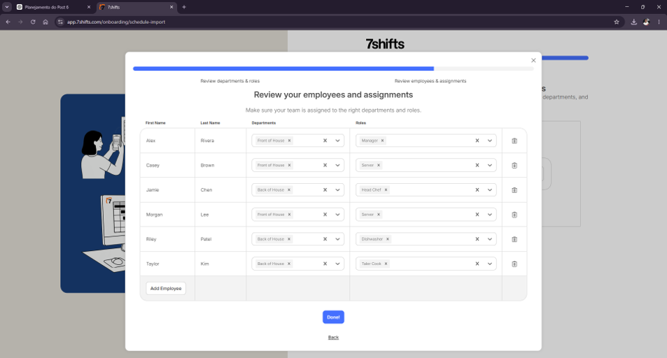 7shifts imported employee schedule showing shifts created from the uploaded restaurant schedule