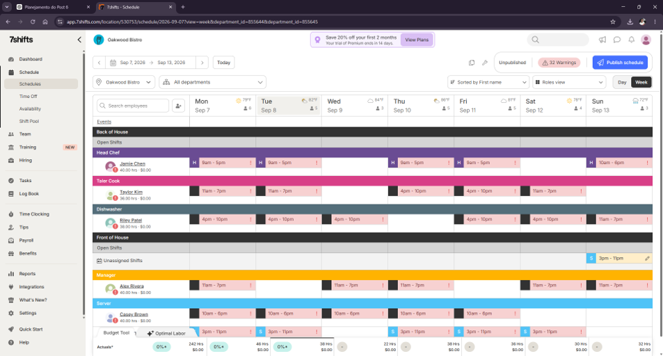 7shifts AI-imported restaurant schedule showing shift errors and 32 warnings