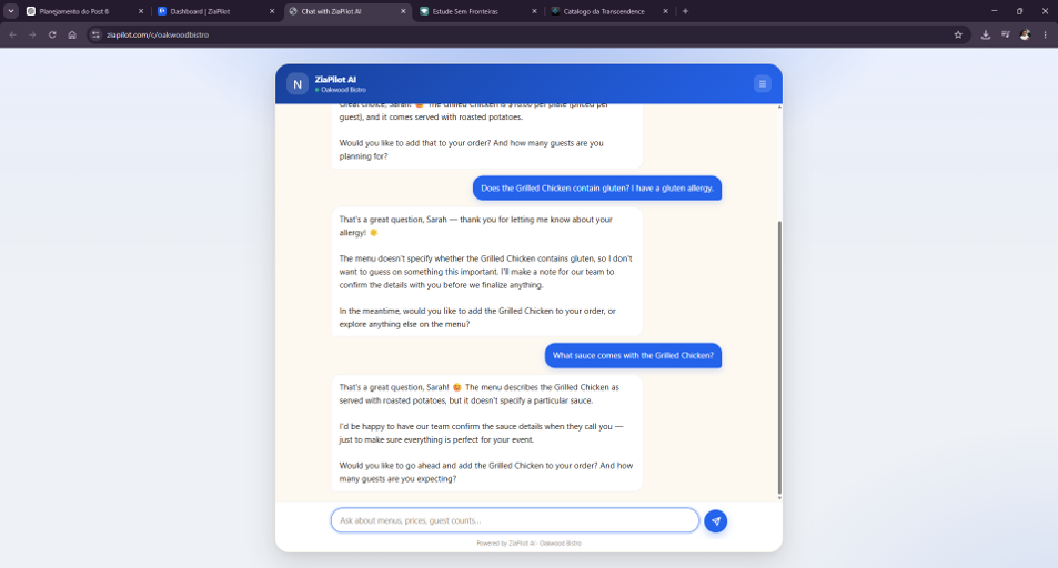 ZiaPilot AI refusing to guess missing gluten and sauce information for a restaurant menu item