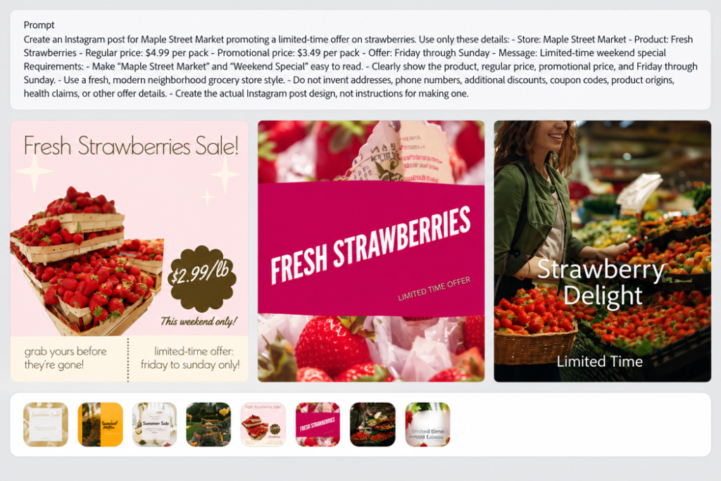 Adobe Express AI strawberry promotion displaying an incorrect $2.99 per pound price instead of $3.49 per pack