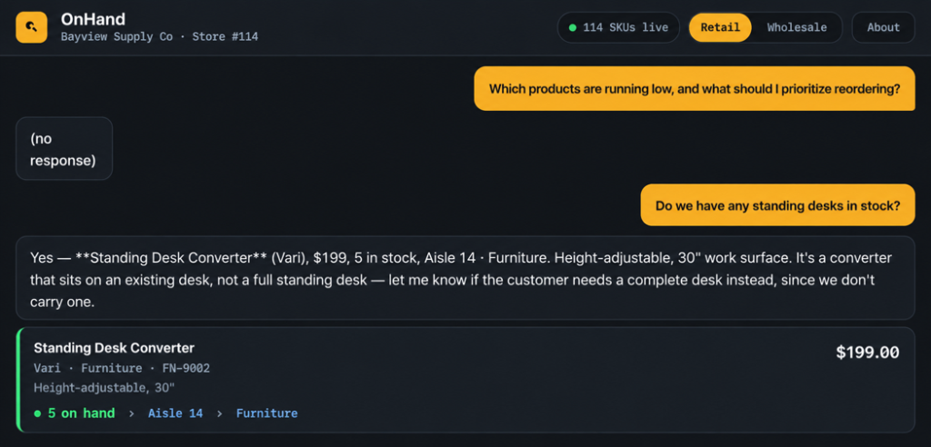 OnHand retail demo identifying a standing desk converter with its price, stock quantity, and aisle location