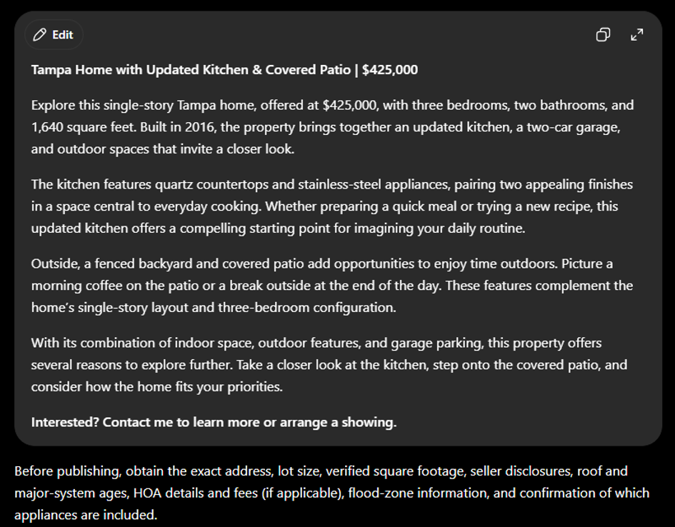 ChatGPT generating a property listing for a fictional Tampa home with an updated kitchen and covered patio.