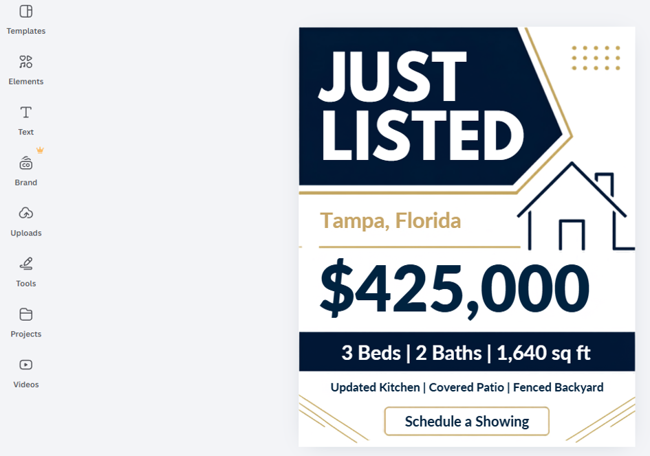 Canva real estate graphic for a Tampa property showing Just Listed, $425,000, three beds, two baths, and 1,640 square feet.