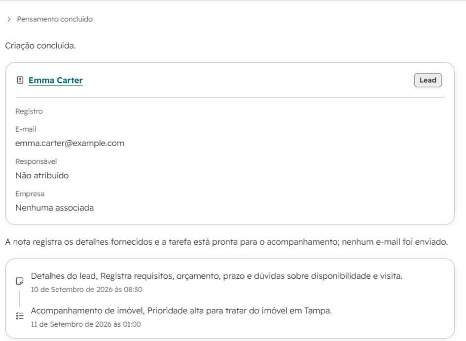 HubSpot showing the fictional Emma Carter lead with a CRM note and high-priority follow-up task.