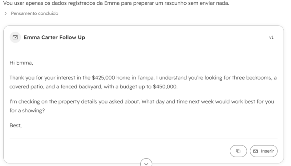 HubSpot generating an English follow-up email draft for Emma Carter about the $425,000 Tampa home.