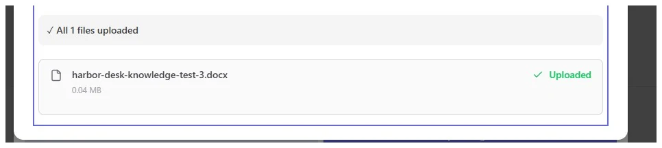 MindPal knowledge upload showing the Harbor Desk Word document successfully uploaded