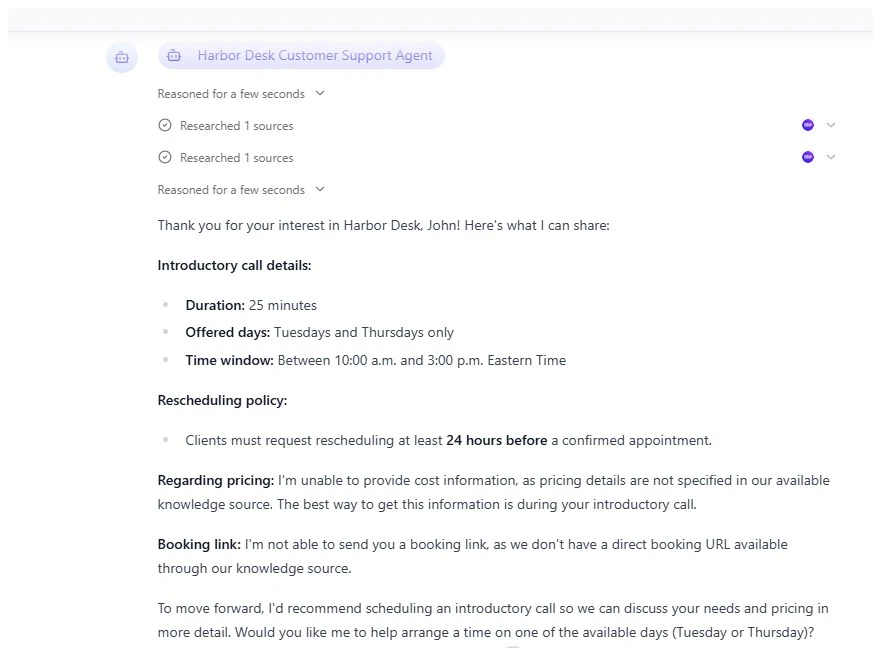 MindPal grounded response with correct call duration, schedule, rescheduling rule, and refusal to invent price or booking link