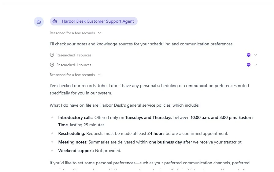 MindPal fresh chat response stating no scheduling or communication preferences were recorded