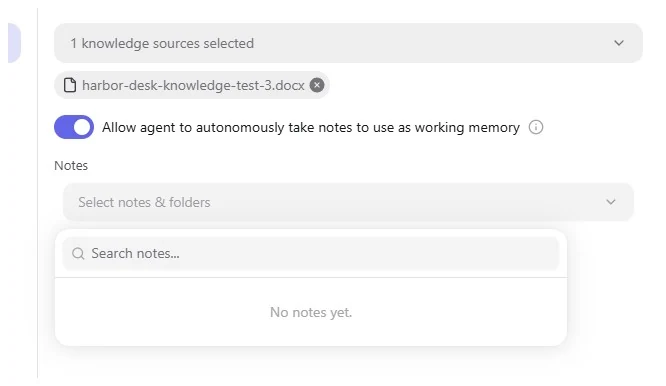 MindPal Knowledge and Memory settings with working memory enabled and no notes yet