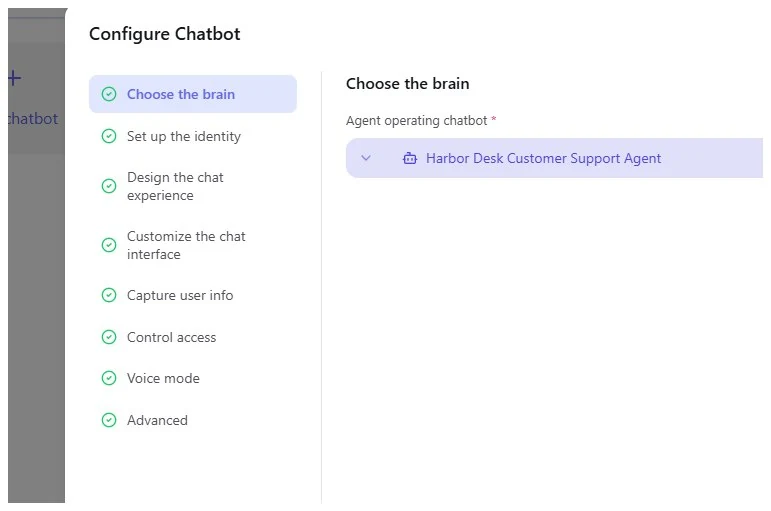 MindPal chatbot publishing configuration with setup steps and Harbor Desk agent selected