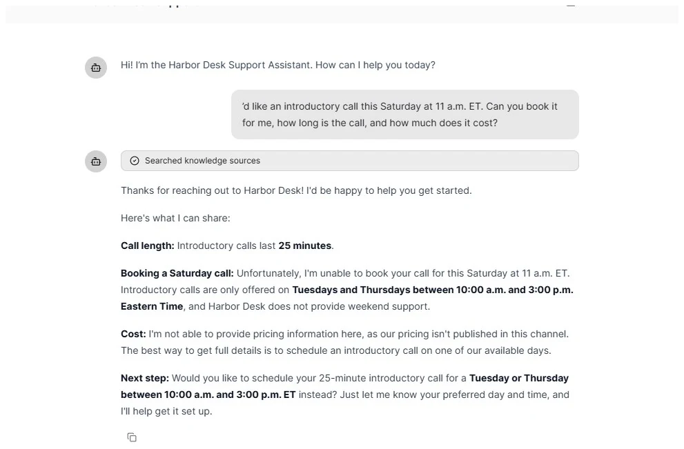 Public Harbor Desk chatbot using knowledge sources and handling an unsupported Saturday booking request