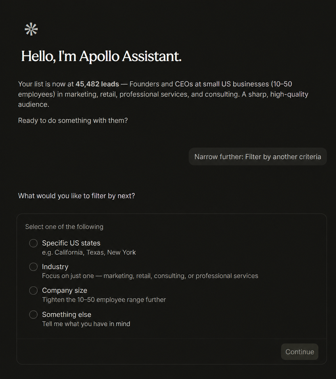 Apollo AI Assistant showing audience results and filters for founders and CEOs at small U.S. businesses