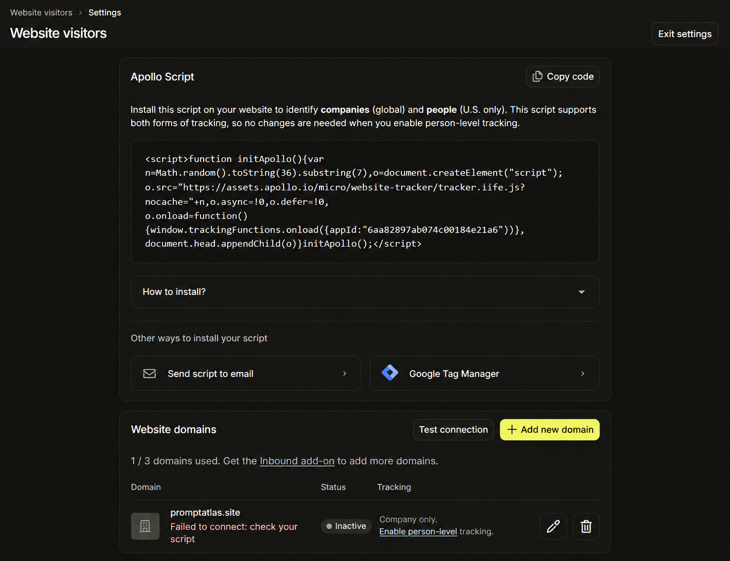 Apollo Website Visitors settings showing an inactive domain and a failed script connection