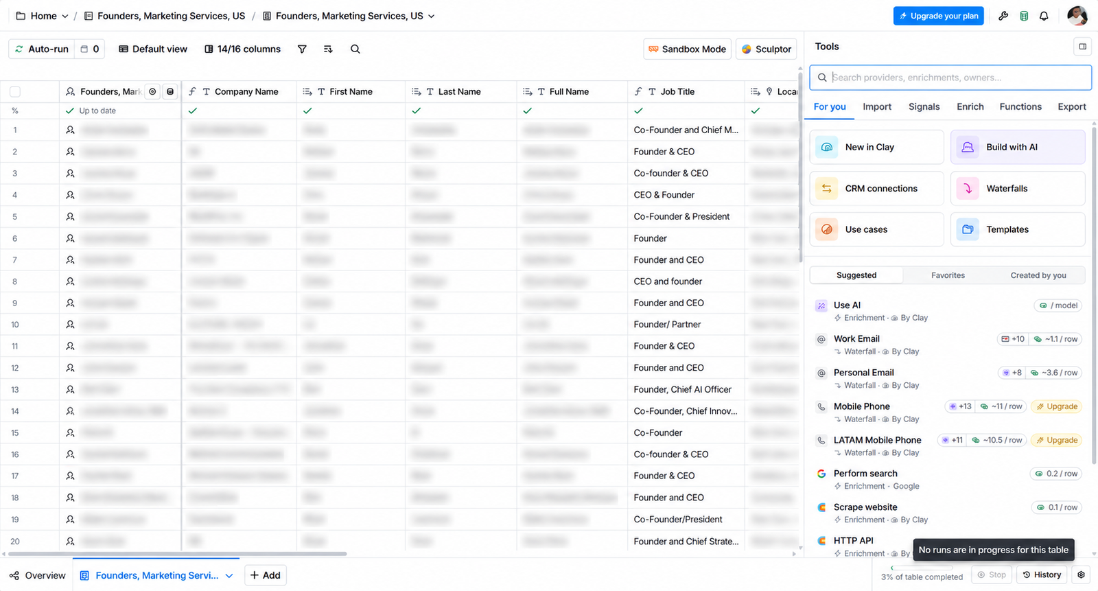 Clay prospecting table showing person enrichment columns, profile data, jobs count, and a work-email field