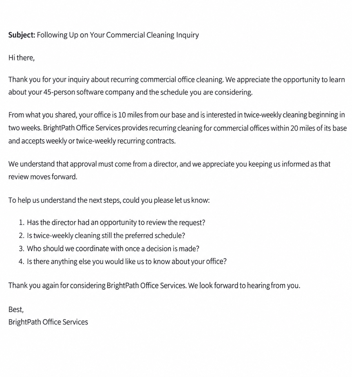 HubSpot follow-up email for a commercial-cleaning lead awaiting director approval