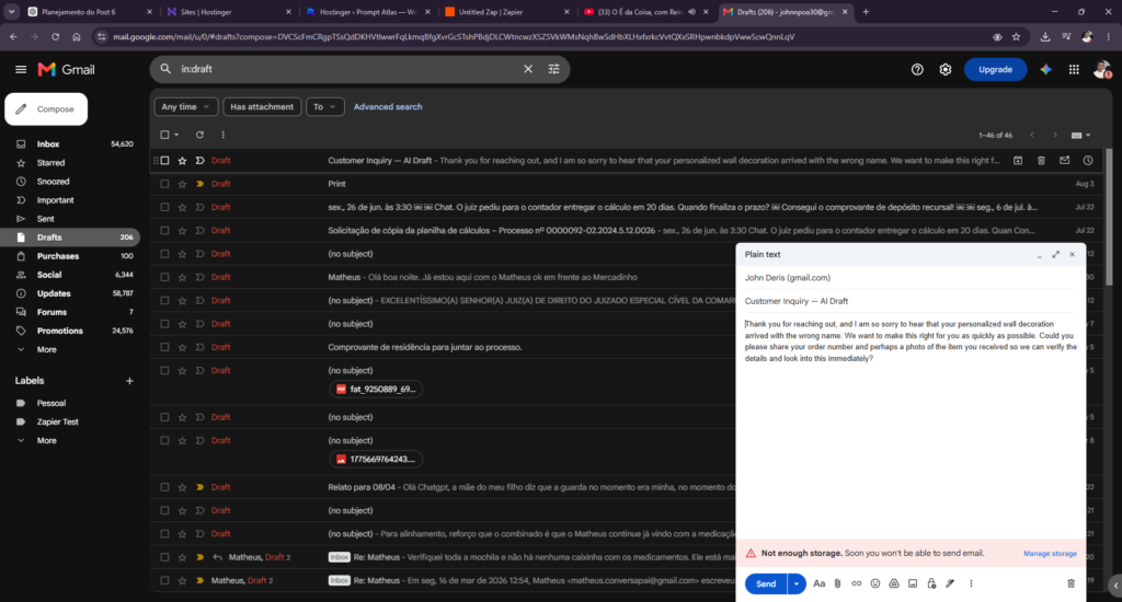 Gmail draft created automatically from an AI by Zapier customer response