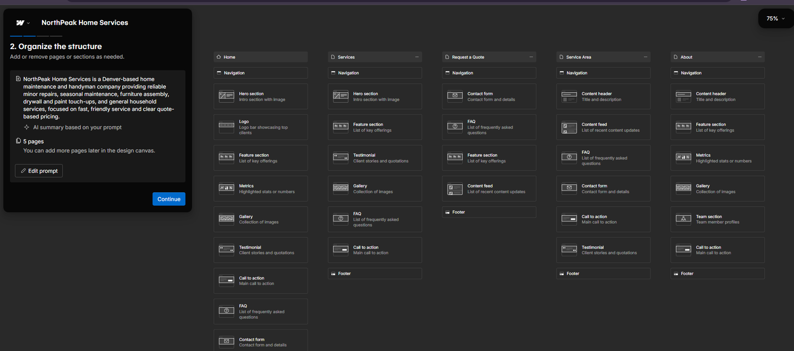 Webflow AI review screenshot showing the five-page site plan generated for NorthPeak Home Services