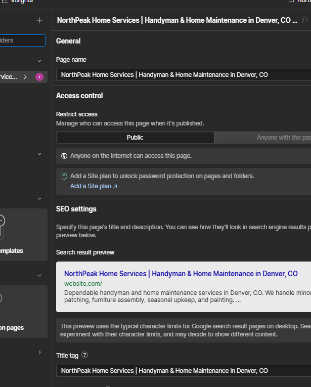 Webflow page settings with AI-generated SEO title and description