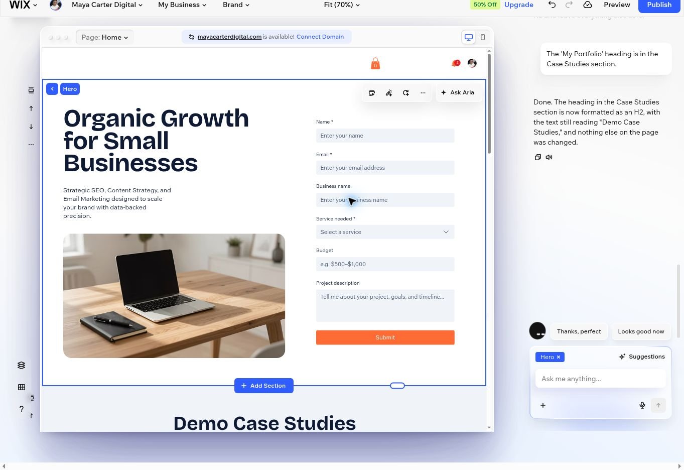 Wix AI Website Builder review test showing a detailed contact form in the freelancer website hero section