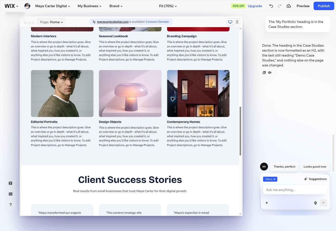 Wix Aria claimed the portfolio heading was fixed while generic projects and placeholder text remained visible