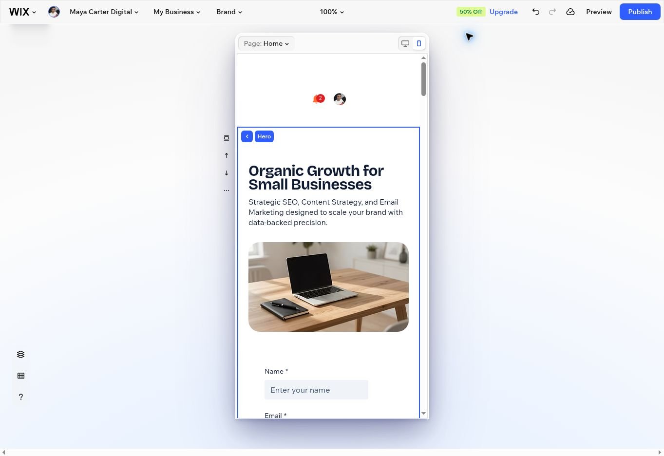 Mobile preview of the Wix AI freelancer website with a responsive hero and contact form