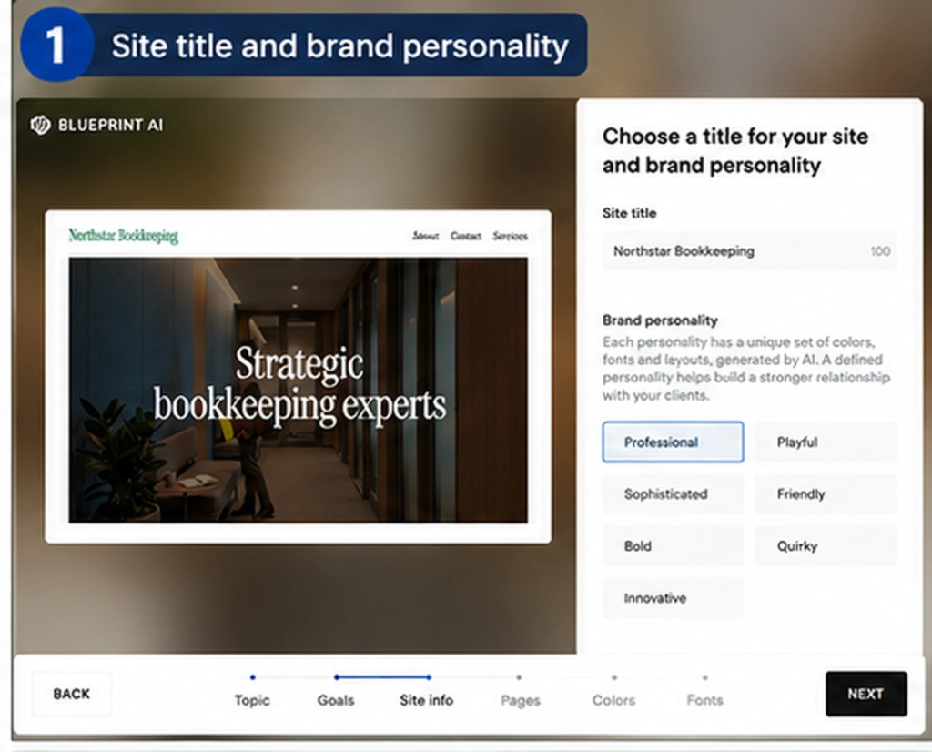 Squarespace Blueprint AI setup for Northstar Bookkeeping with site title and brand personality