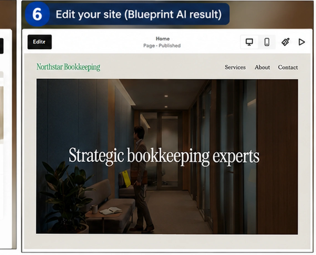 Squarespace Blueprint AI generated Northstar Bookkeeping website in the editor
