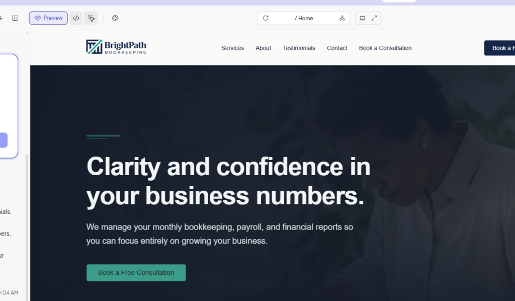 10Web AI Website Builder generated homepage for BrightPath Bookkeeping