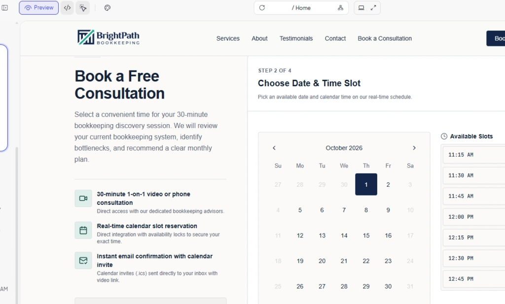 10Web AI Website Builder booking flow showing available consultation dates and time slots