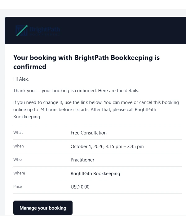 10Web booking confirmation email for BrightPath Bookkeeping consultation