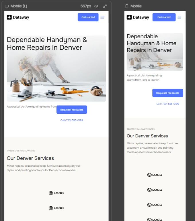 Webflow AI mobile previews for the generated handyman website