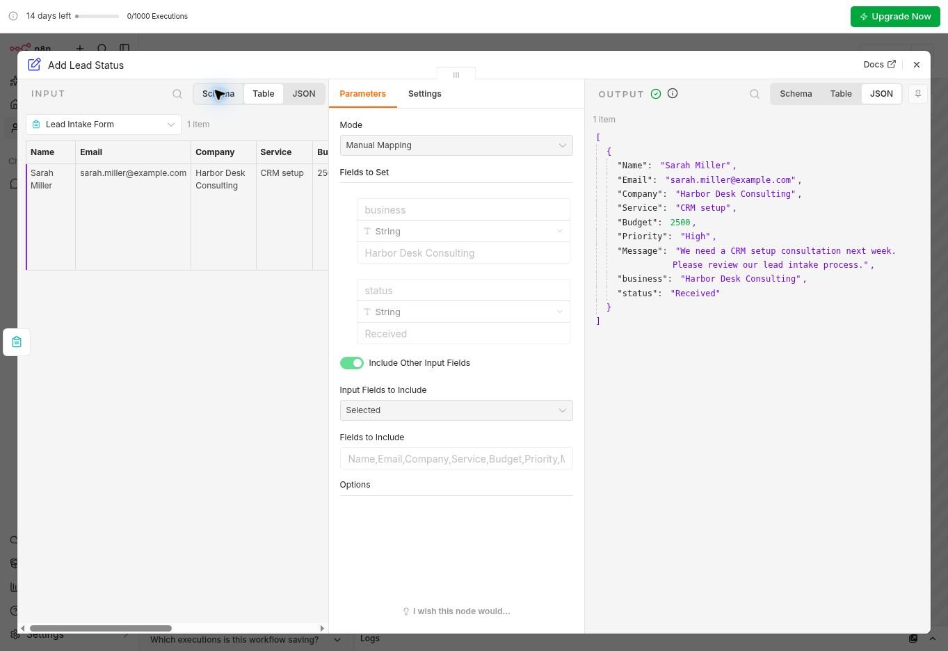 Add Lead Status preserved Sarah’s seven business fields and added status Received.