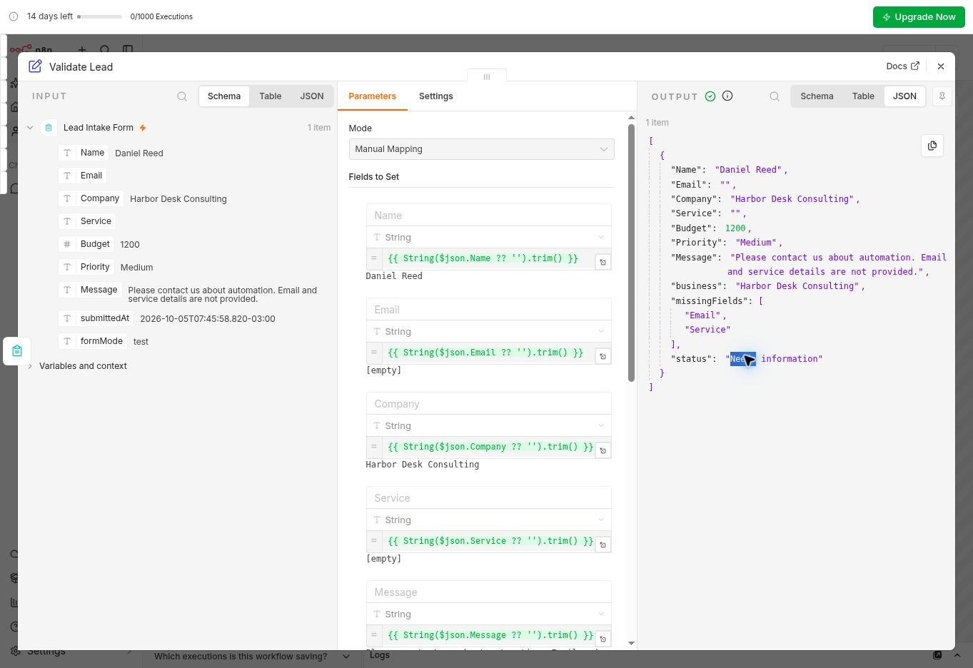 Validate Lead returned empty Email and Service, missingFields with both names, and status Needs information.