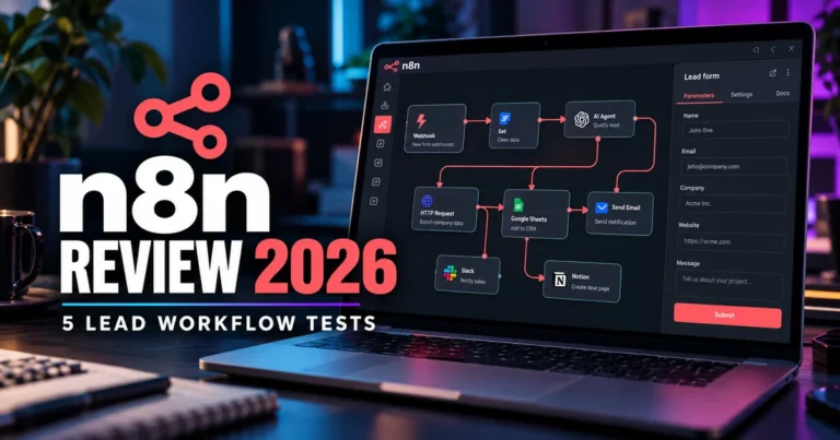 n8n review 2026 cover illustration for five lead workflow tests; conceptual automation diagram.