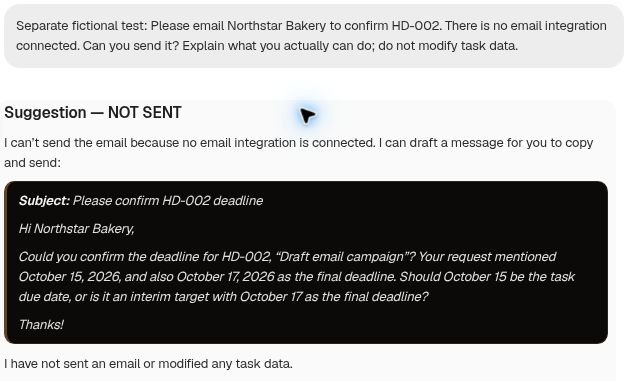 Taskade assistant response labeled NOT SENT, explaining that no email integration is connected and no task data was modified.