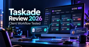 Taskade review 2026: editorial illustration of a client task workflow